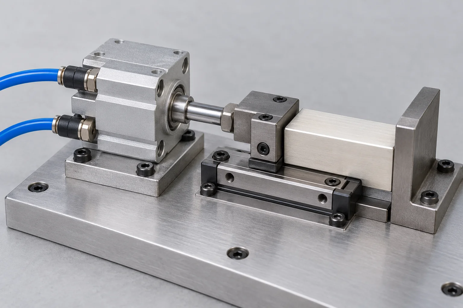 AI concept of a short square-body compact cylinder bolted to a fixture base and driving a separately guided clamp shoe, with two clear blue air lines