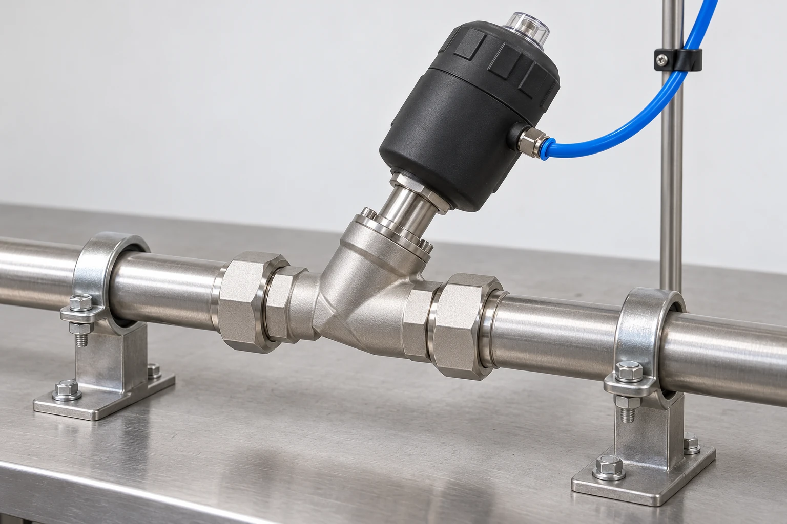 AI concept of an angle-seat valve on a supported horizontal process pipe, with an inclined pneumatic actuator, separate blue pilot tube, two unions and two bolted pipe supports