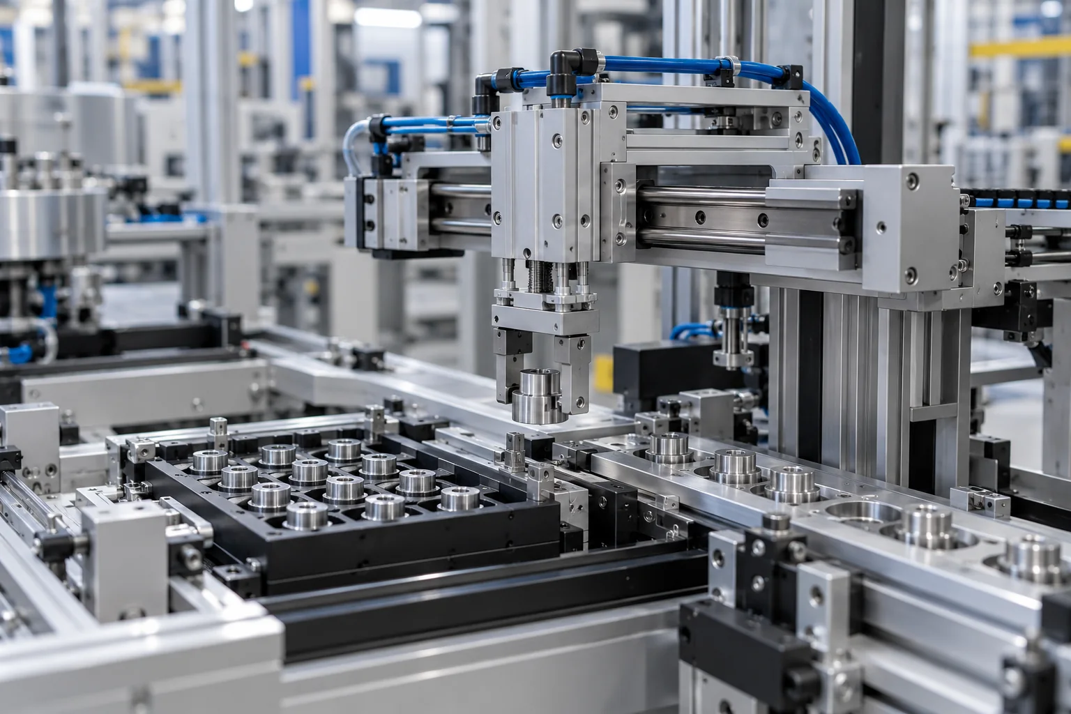 AI concept of a guided pneumatic transfer and sorting station