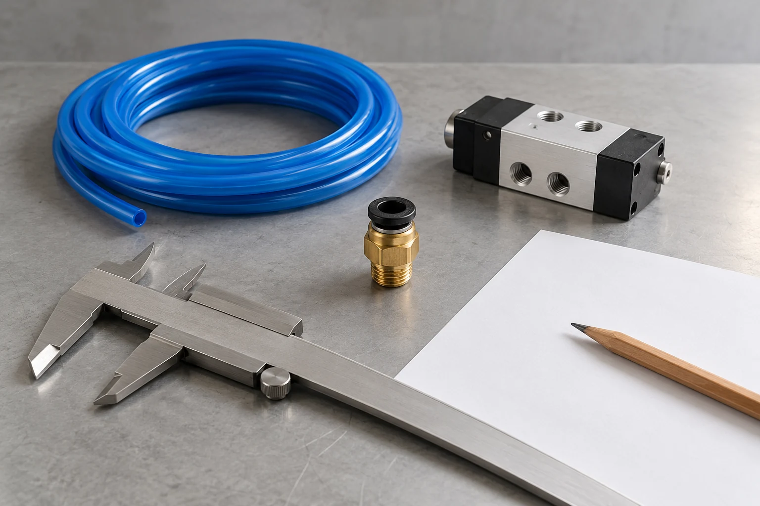 AI concept of pneumatic components, an unmarked caliper and blank paper on a selection workbench