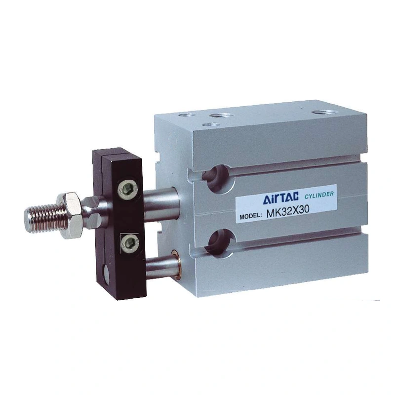 Original AirTAC MK32X30 catalog photograph showing a round piston rod, front non-rotating plate, fixed guide structure and labelled cylinder body