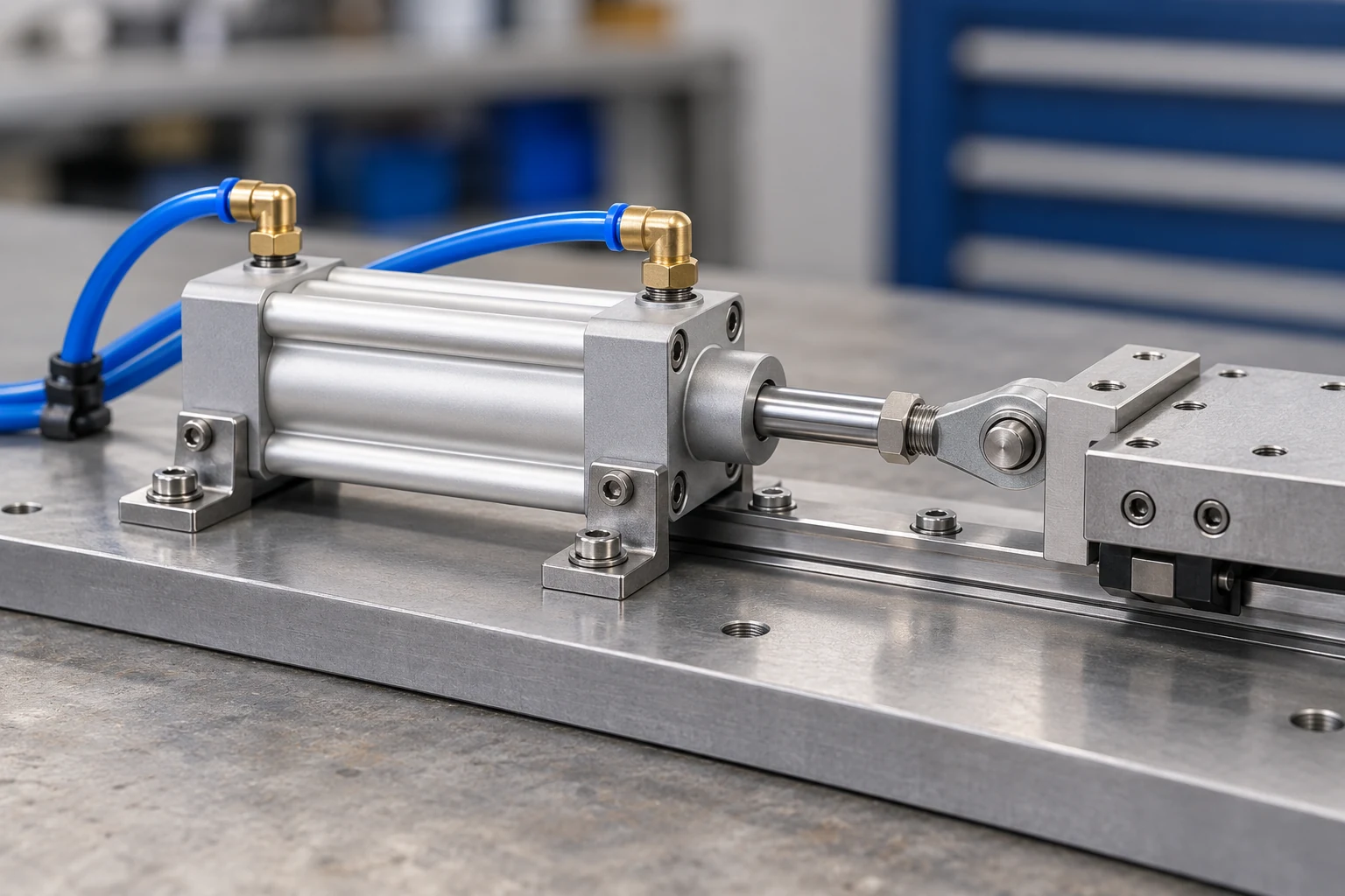 AI concept of a foot-mounted profile cylinder connected to a guided carriage, with blue air lines clear of the piston rod